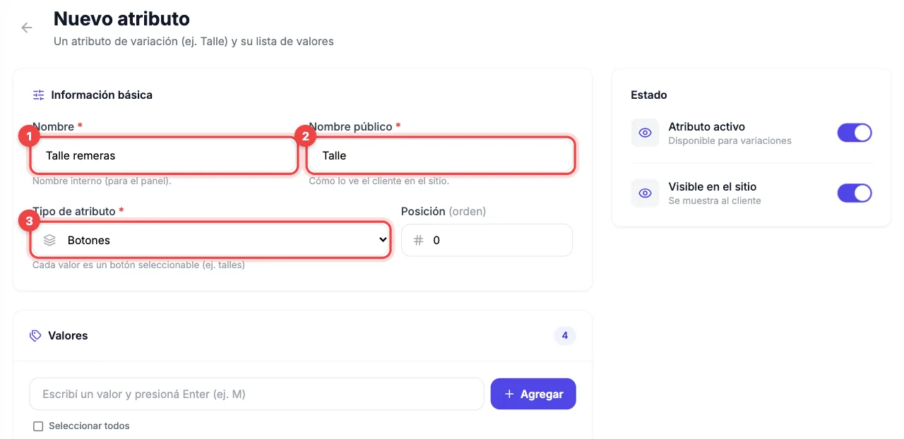 Formulario Nuevo atributo con el nombre, el nombre público y el tipo de atributo completados