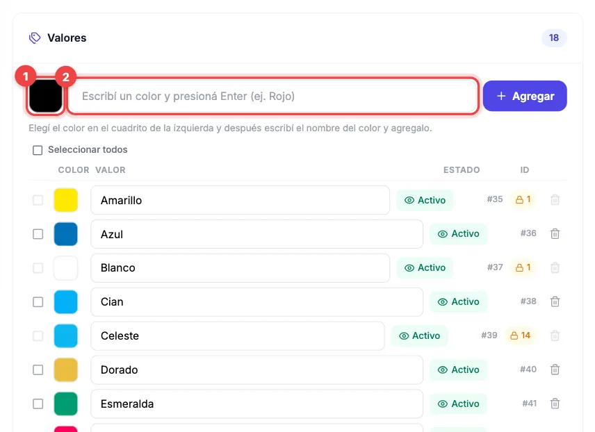 Valores de un atributo de tipo Color y textura, cada uno con su muestra de color