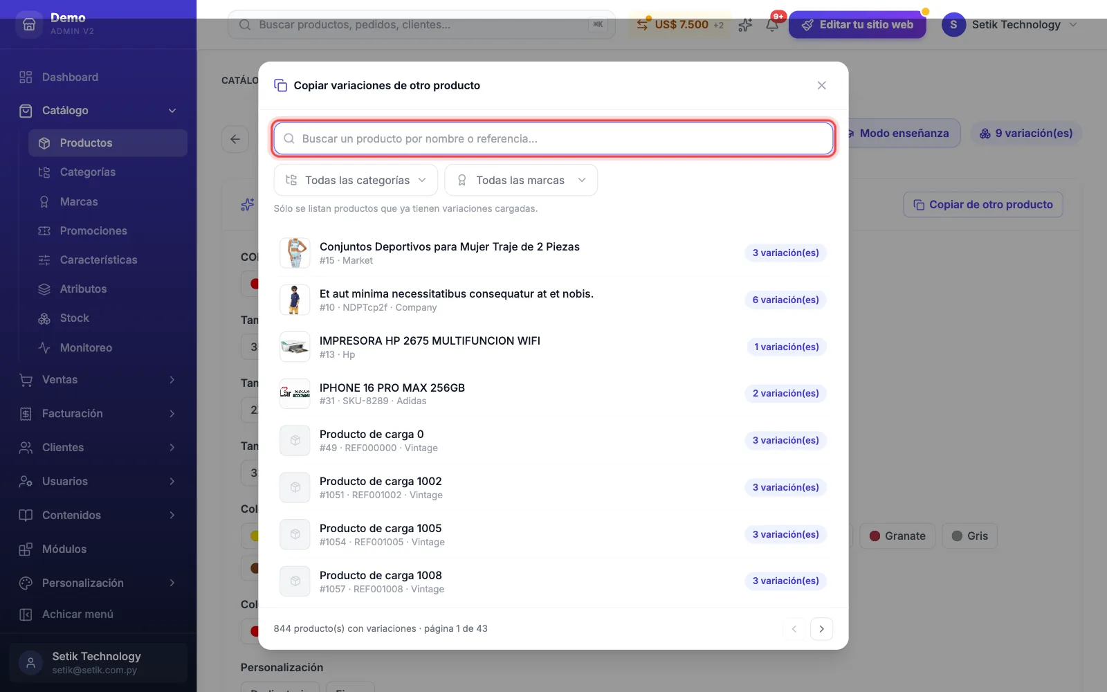 Ventana Copiar variaciones de otro producto con el buscador y la lista de productos con variantes