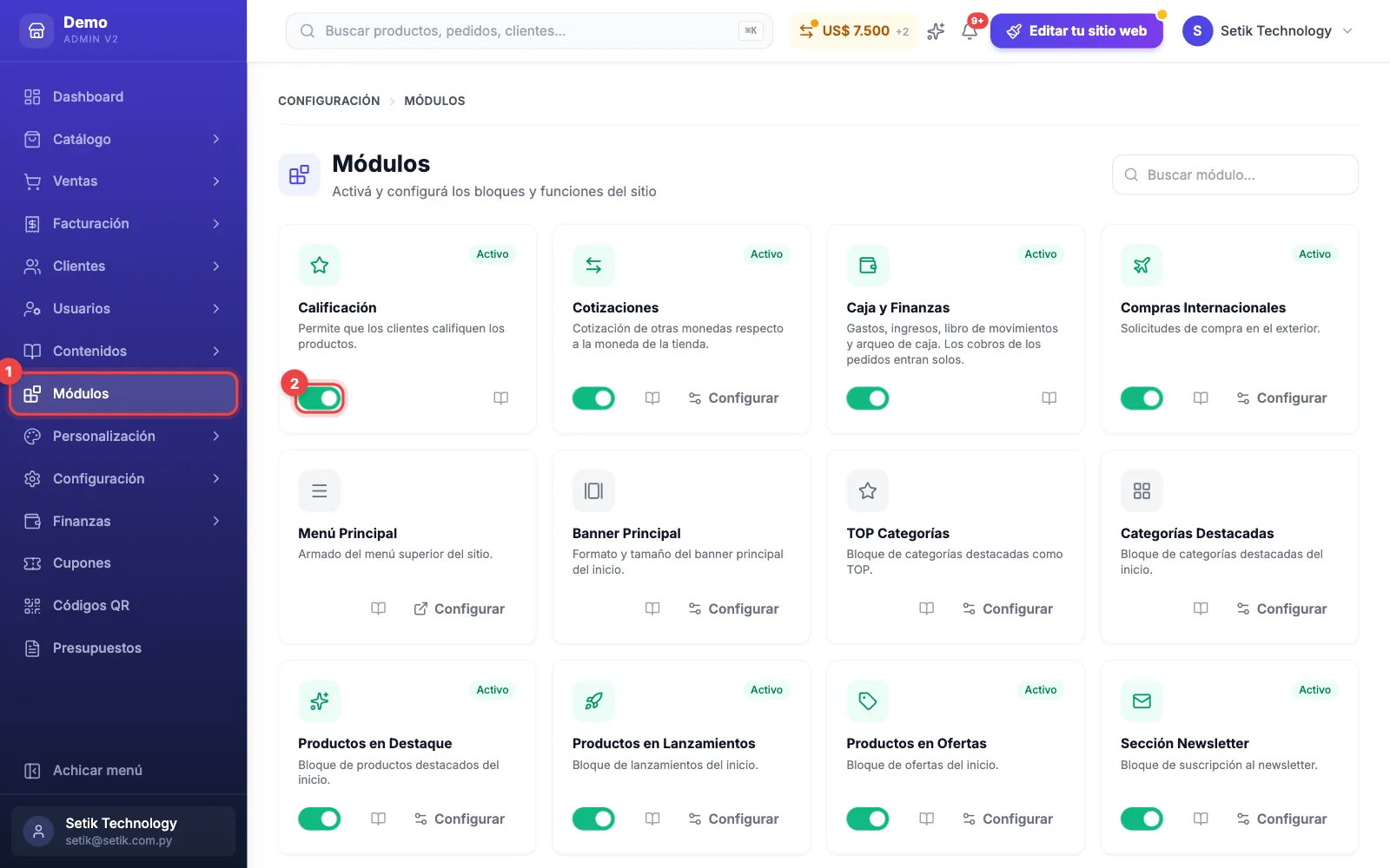 Pantalla Módulos con el ítem Módulos del menú y el interruptor de la tarjeta Calificación marcados