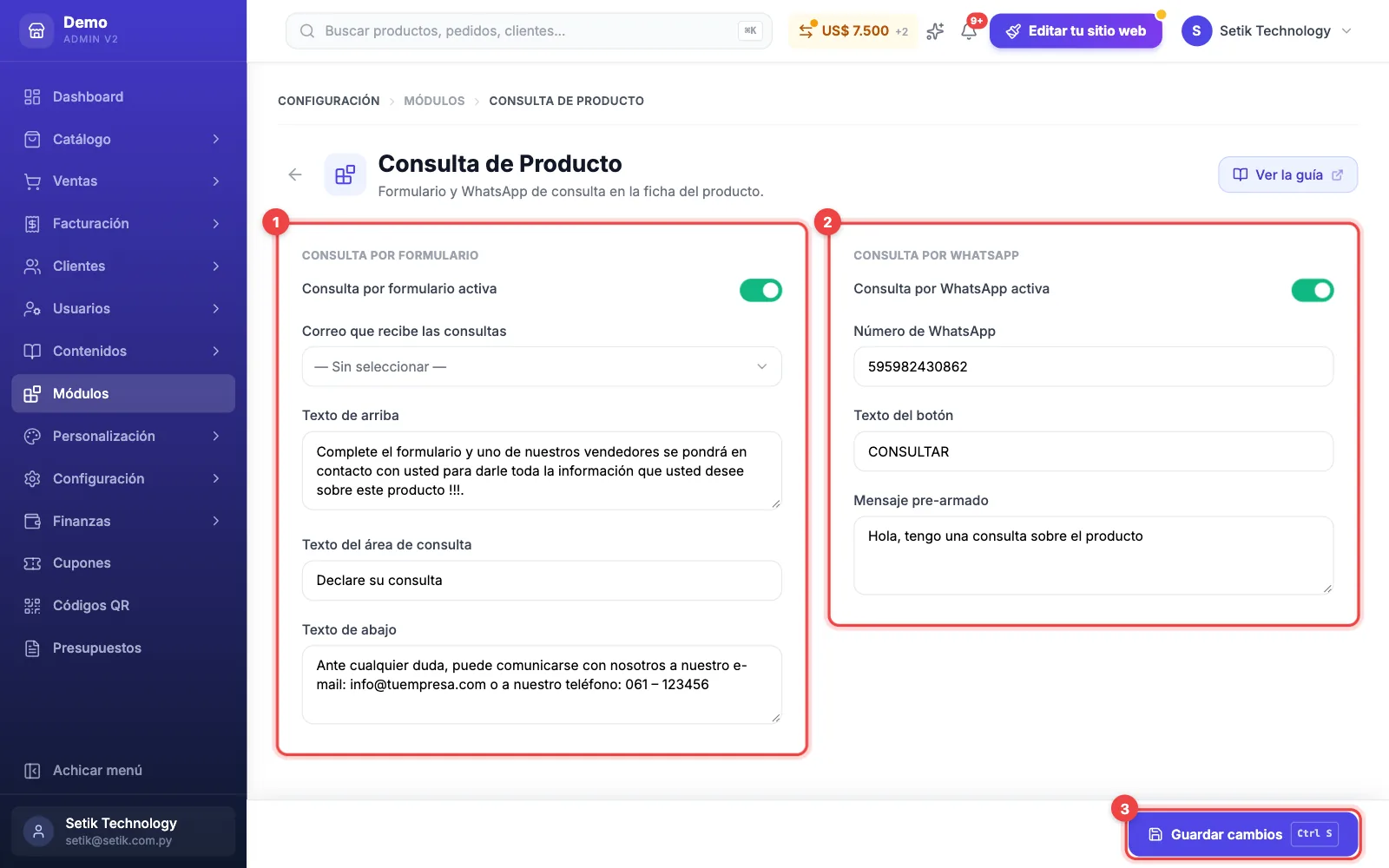 Pantalla Consulta de Producto con los recuadros Consulta por formulario y Consulta por WhatsApp y el botón Guardar cambios marcados