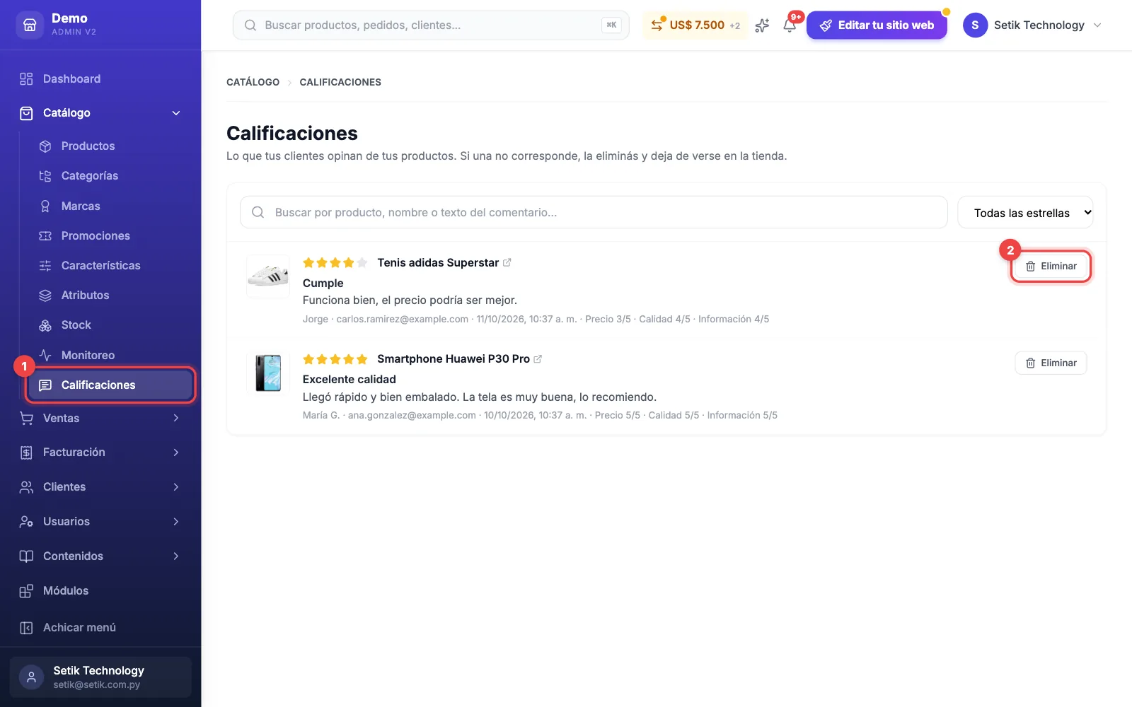 Pantalla Calificaciones del panel con el menú Catálogo → Calificaciones y el botón Eliminar de una calificación marcados
