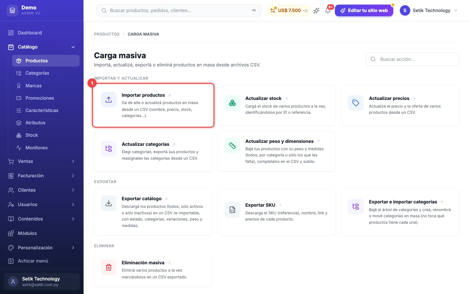 Pantalla Carga masiva con las tarjetas Importar productos, Actualizar stock, Actualizar precios, Actualizar categorías, Actualizar peso y dimensiones, Exportar y Eliminación masiva