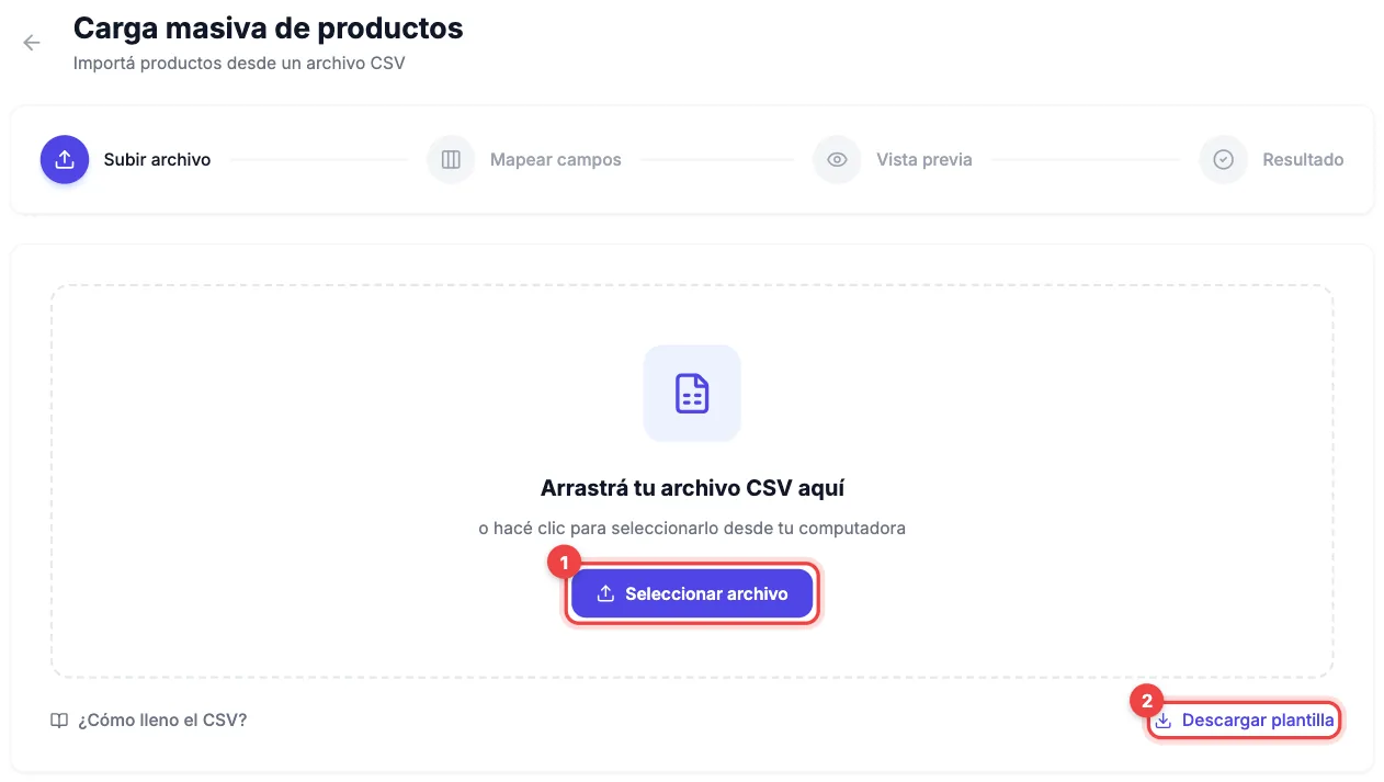 Paso Subir archivo de la carga masiva de productos, con el botón Seleccionar archivo y el enlace Descargar plantilla marcados