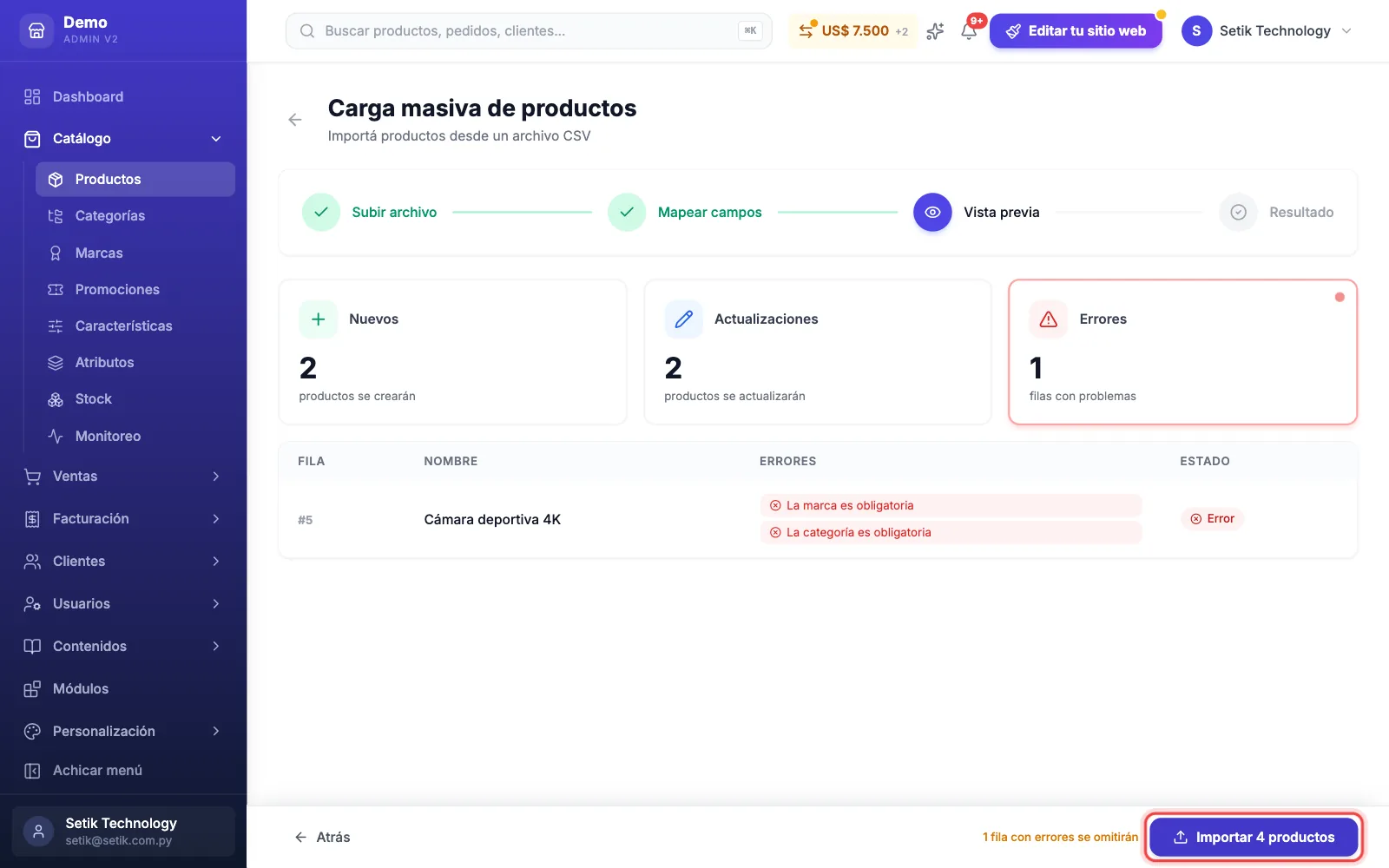 Vista previa de la importación con las tarjetas Nuevos, Actualizaciones y Errores, una fila con error por falta de marca y categoría, y el botón Importar productos marcado