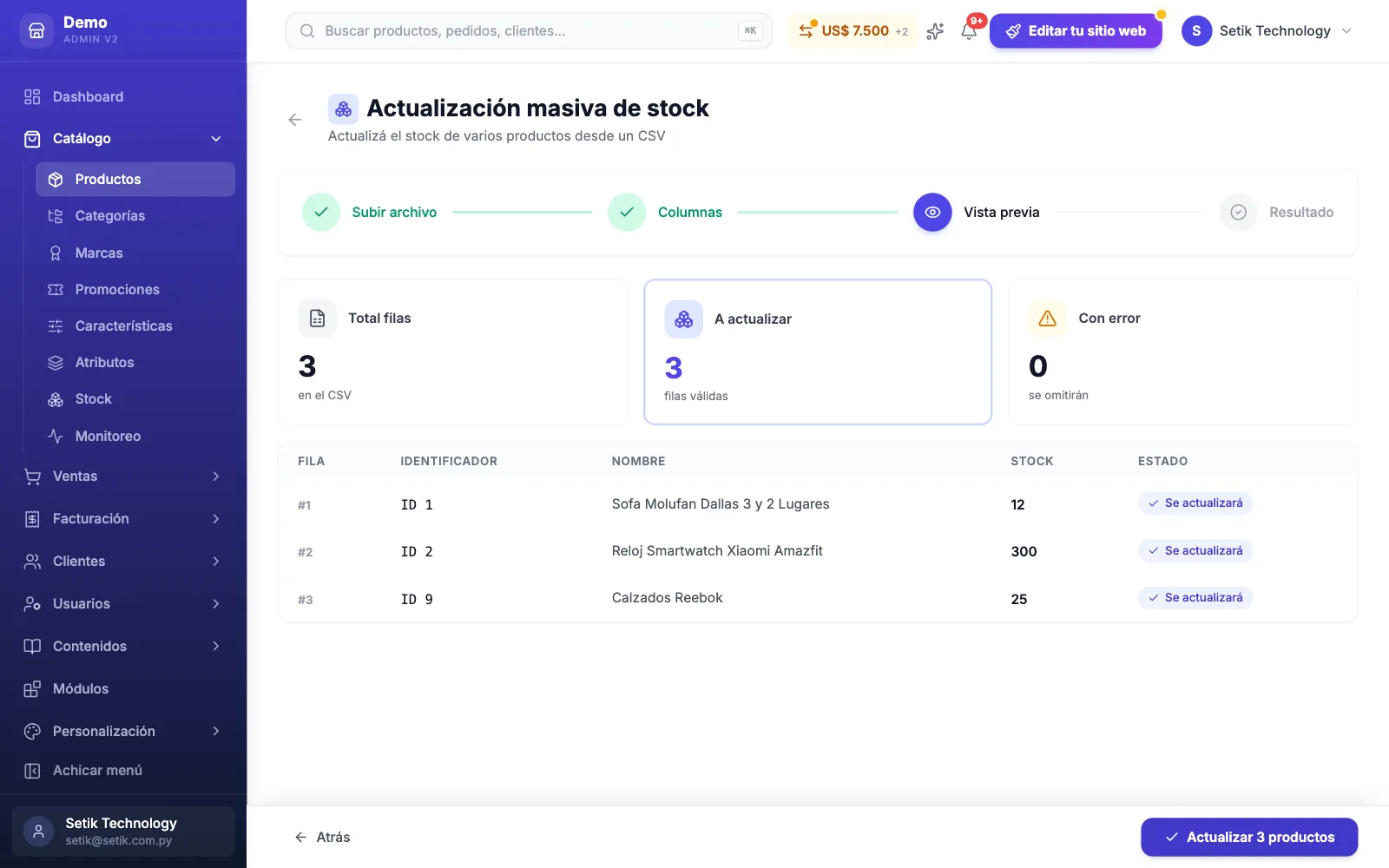 Vista previa de la actualización masiva de stock con las tarjetas Total filas, A actualizar y Con error y la lista de productos con el stock nuevo