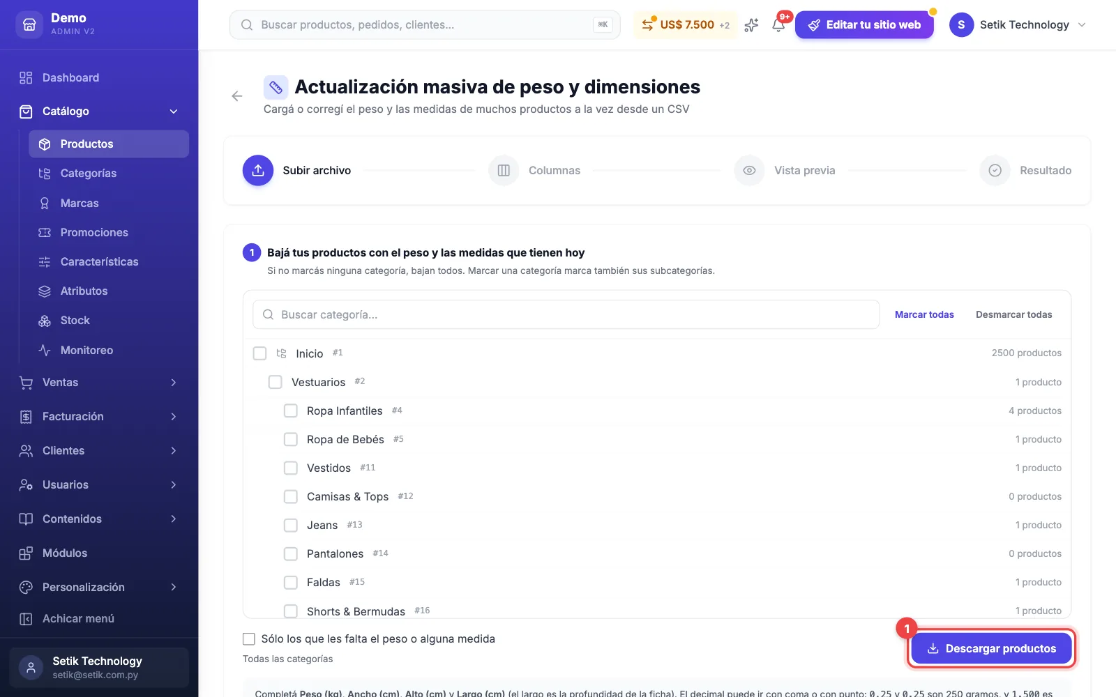 Pantalla Actualización masiva de peso y dimensiones con el árbol de categorías y el botón Descargar productos marcado