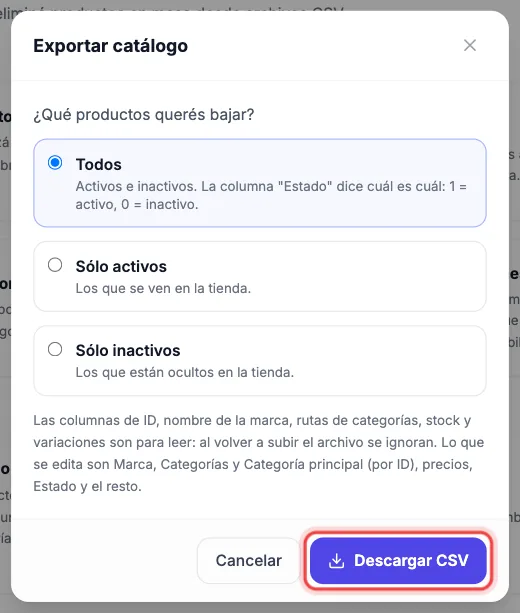 Ventana Exportar catálogo con las opciones Todos, Sólo activos y Sólo inactivos y el botón Descargar CSV