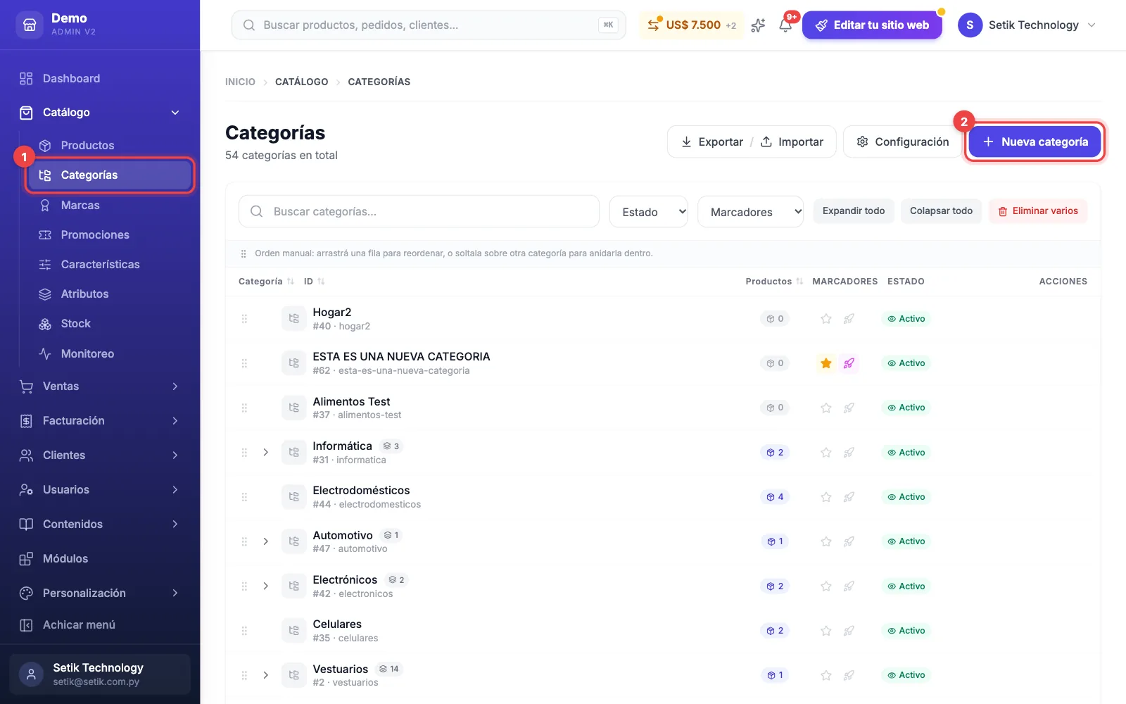 Listado de Categorías en el panel de MaxTiendas, con el menú Catálogo → Categorías y el botón Nueva categoría marcados