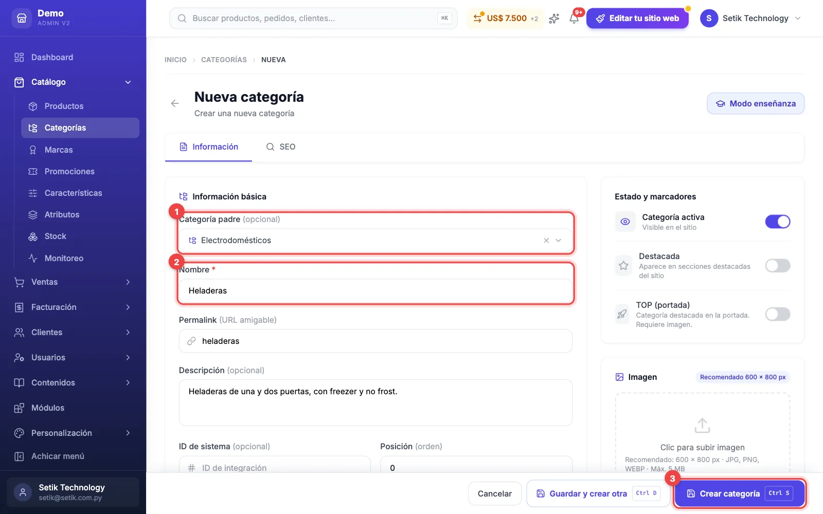 Formulario Nueva categoría con la categoría padre Electrodomésticos y el nombre Heladeras