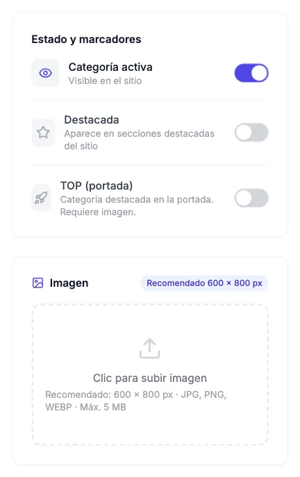 Tarjetas Estado y marcadores e Imagen del formulario de categoría