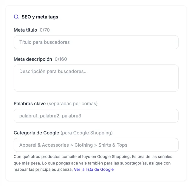 Pestaña SEO del formulario de categoría con meta título, meta descripción, palabras clave y categoría de Google
