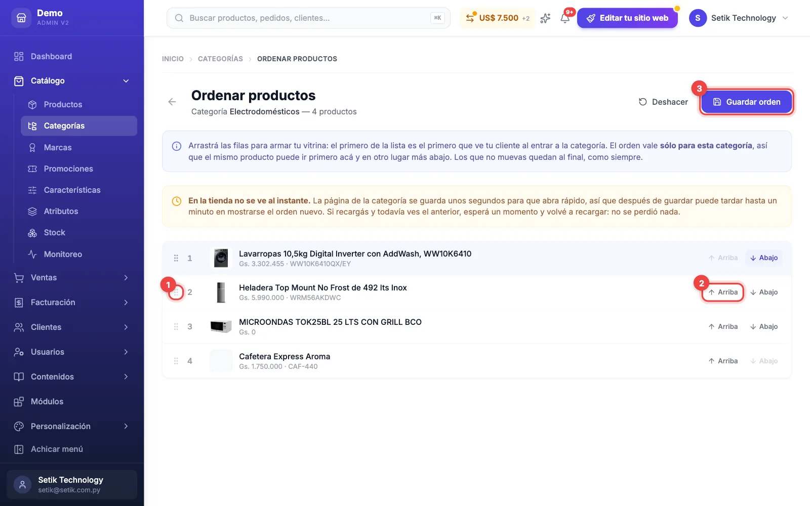 Pantalla Ordenar productos de una categoría con la lista de productos y el botón Guardar orden