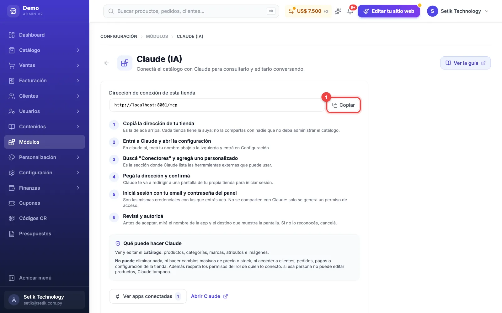 Pantalla del módulo Claude (IA) con la dirección de conexión de la tienda, el botón Copiar marcado y los seis pasos para conectar