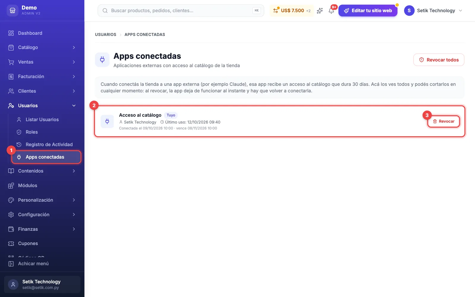 Pantalla Apps conectadas con un acceso al catálogo de Claude y el botón Revocar marcados