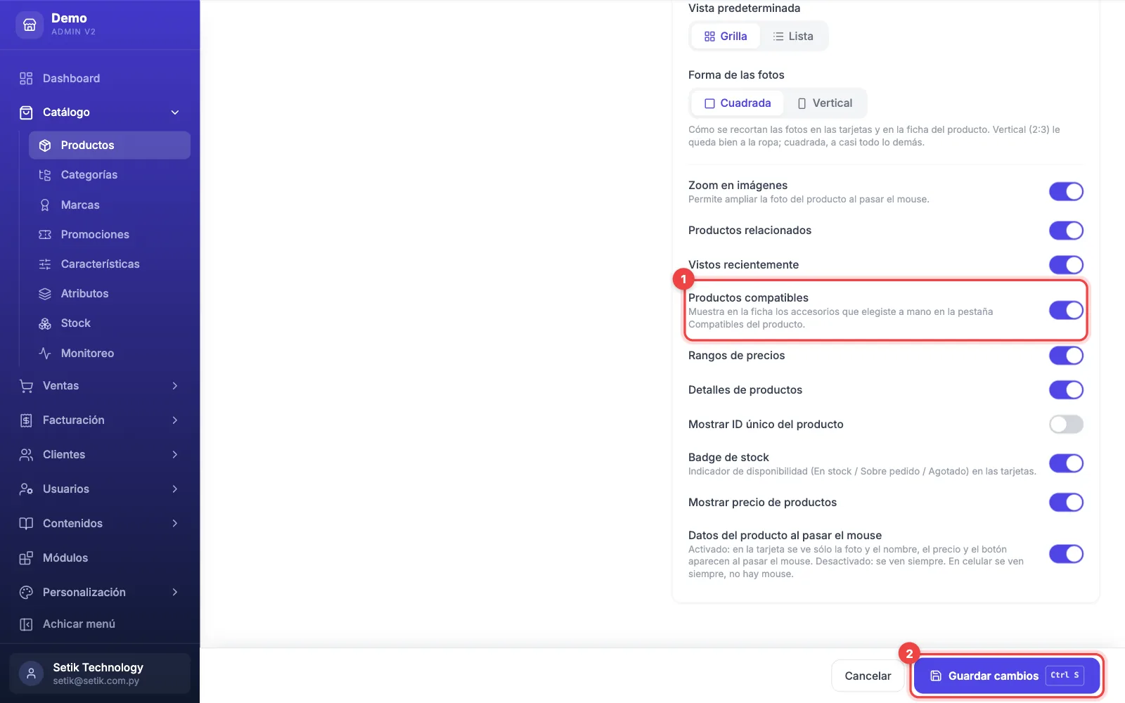Configuración de productos con el interruptor Productos compatibles marcado con el número 1 y el botón Guardar cambios con el número 2