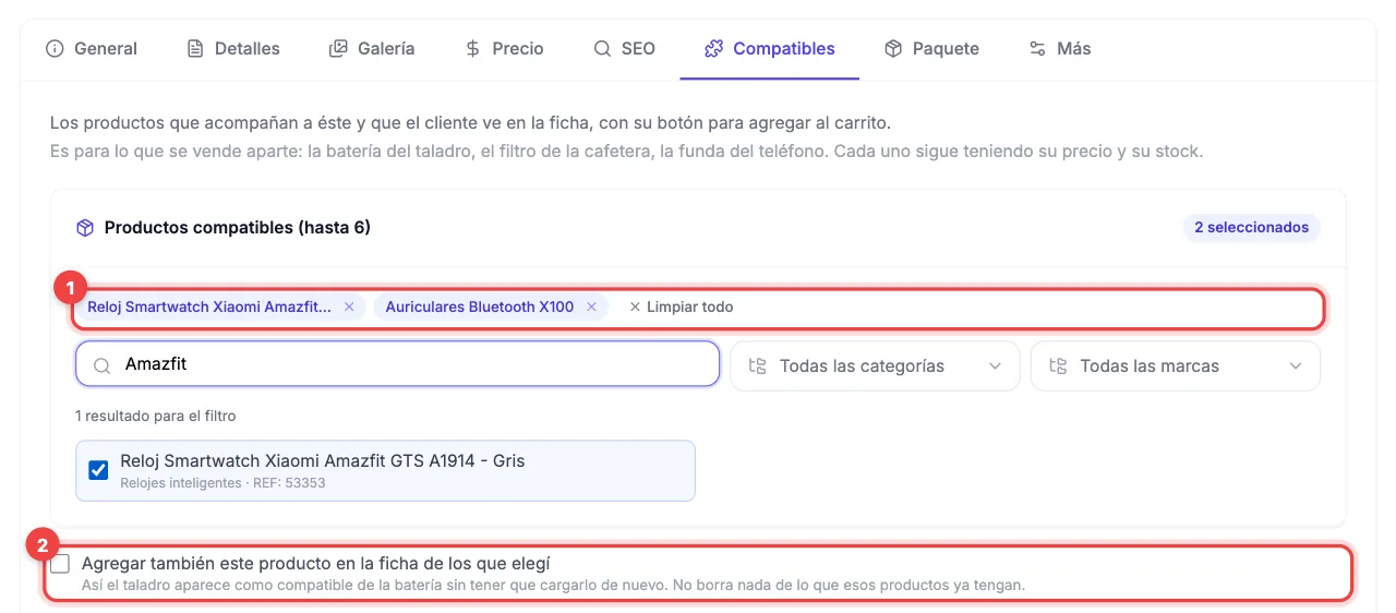 Pestaña Compatibles de un celular con dos accesorios elegidos (un reloj inteligente y unos auriculares) marcados con el número 1 y la casilla Agregar también este producto en la ficha de los que elegí marcada con el número 2