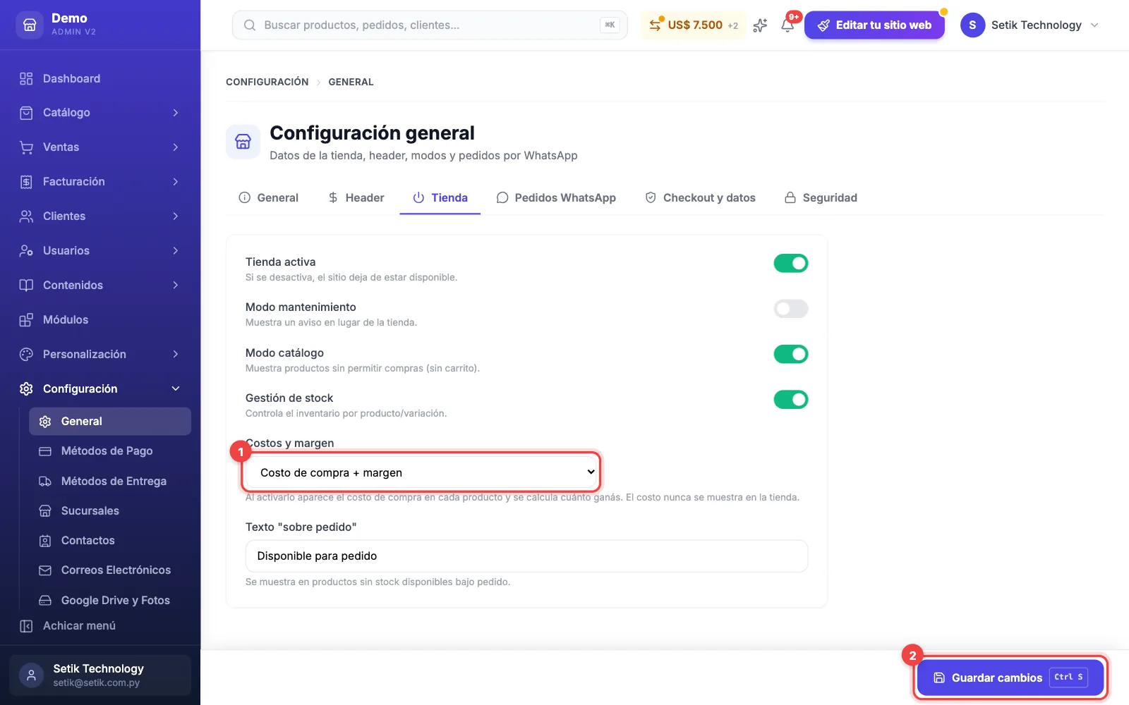 Configuración general, pestaña Tienda, con el desplegable Costos y margen en «Costo de compra + margen» y el botón Guardar cambios marcados