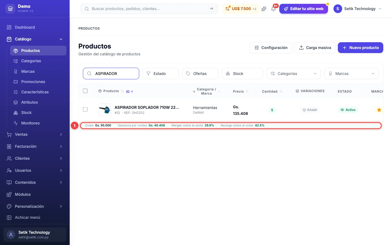 Listado de Productos con la franja de costo, ganancia por unidad, margen sobre la venta y recargo sobre el costo debajo de un producto