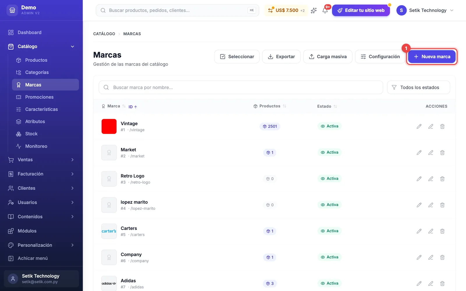 Listado de Marcas del panel con el botón Nueva marca marcado