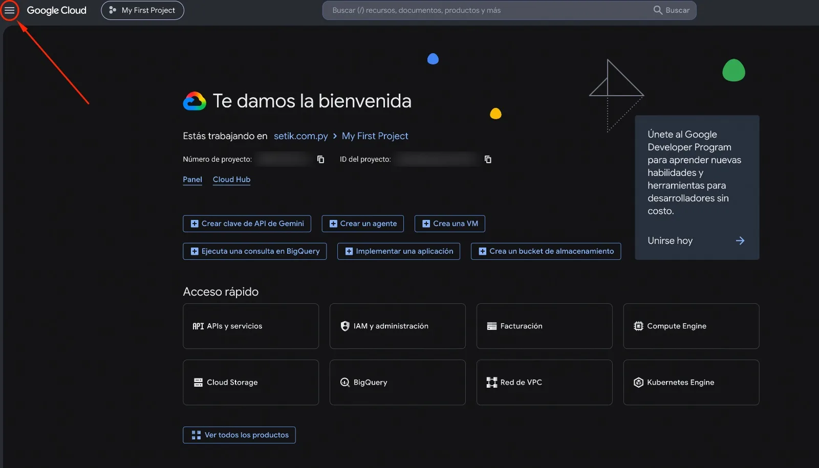 Portada de Google Cloud con el botón de menú marcado arriba a la izquierda