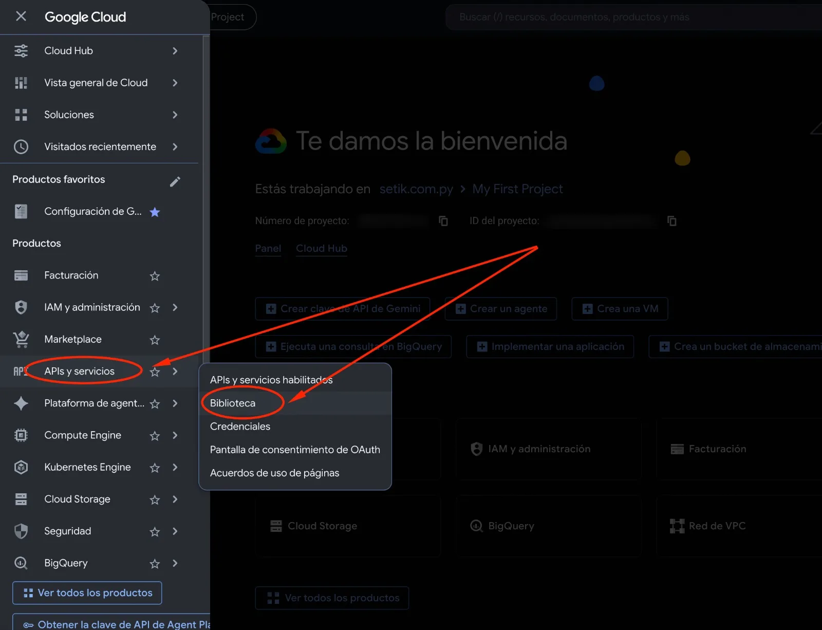 Menú de Google Cloud con APIs y servicios abierto y la opción Biblioteca marcada