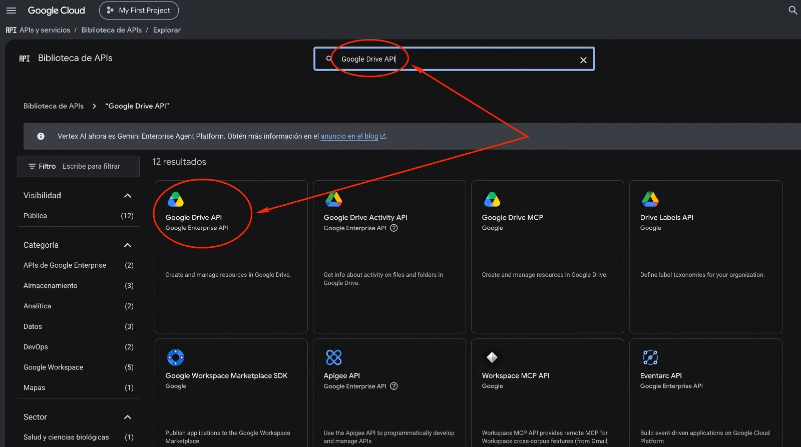 Resultados de buscar Google Drive API en la Biblioteca, con la primera tarjeta marcada