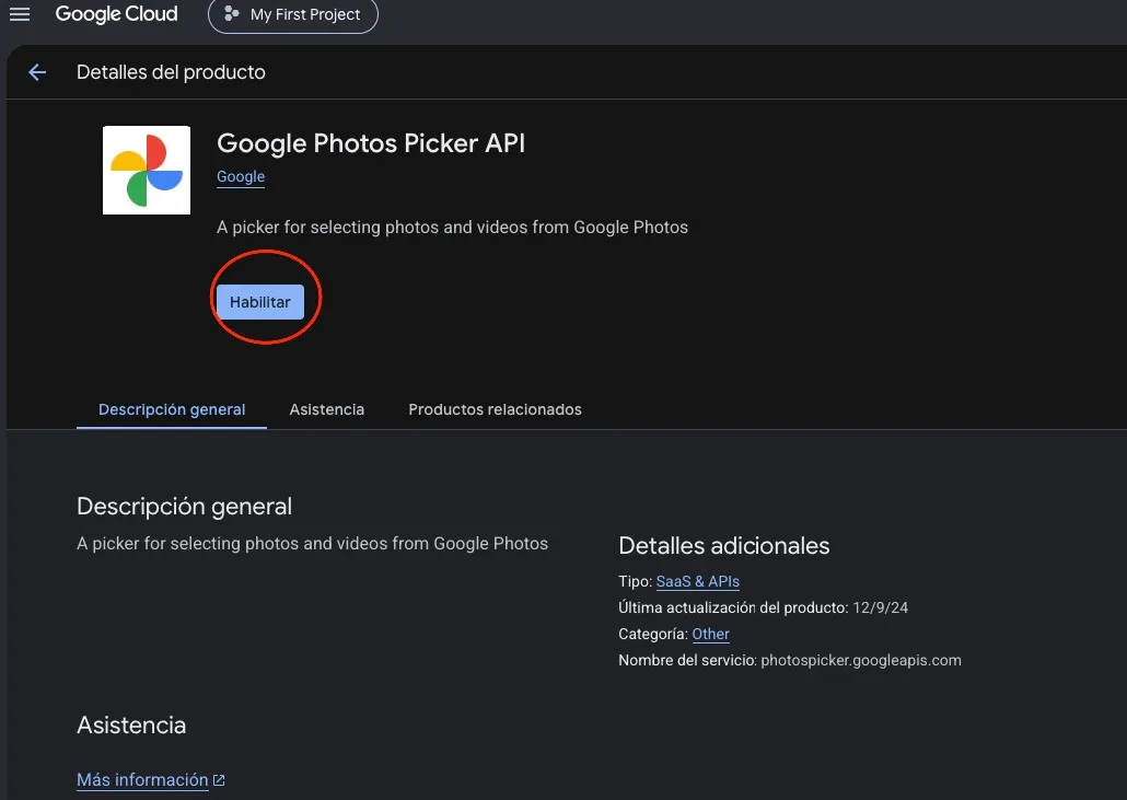 Ficha de Google Photos Picker API con el botón Habilitar