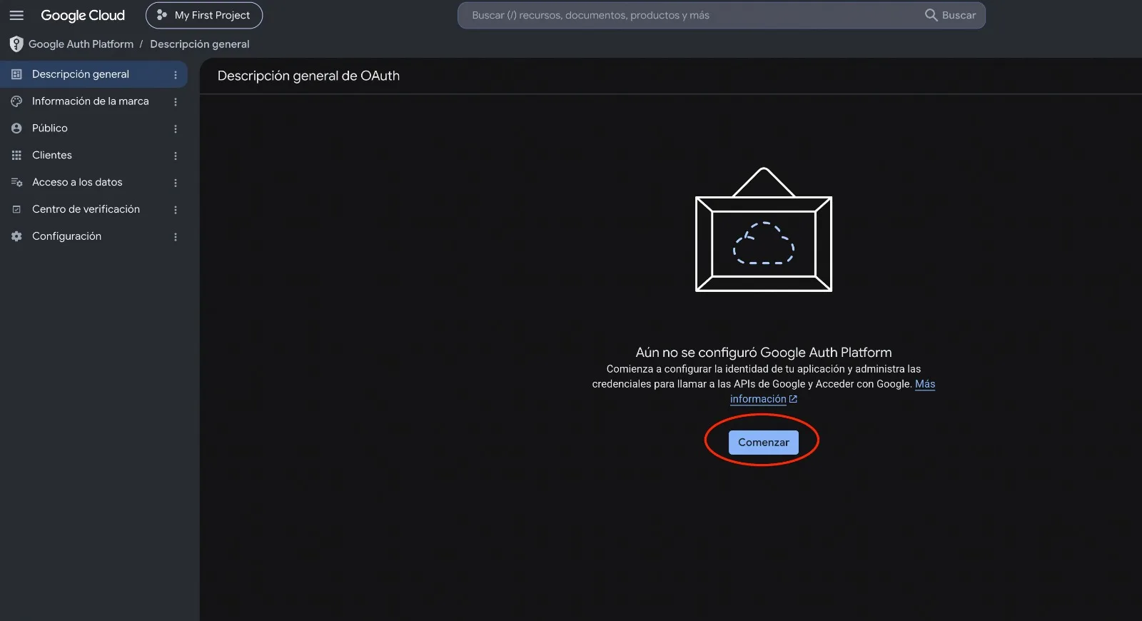 Descripción general de OAuth con el aviso de que Google Auth Platform no está configurado y el botón Comenzar marcado