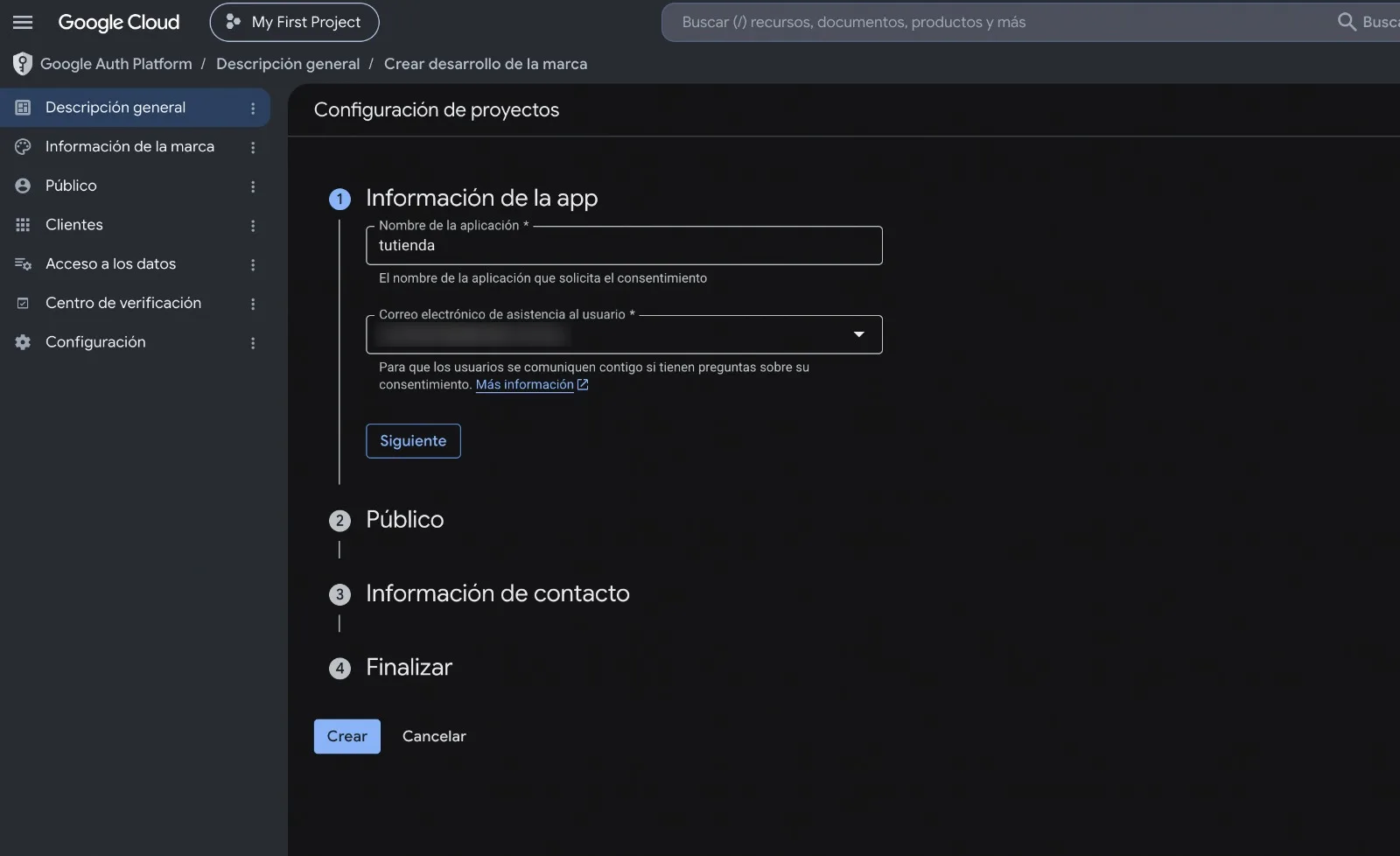 Primer paso del asistente, con el nombre de la aplicación y el correo de asistencia completados