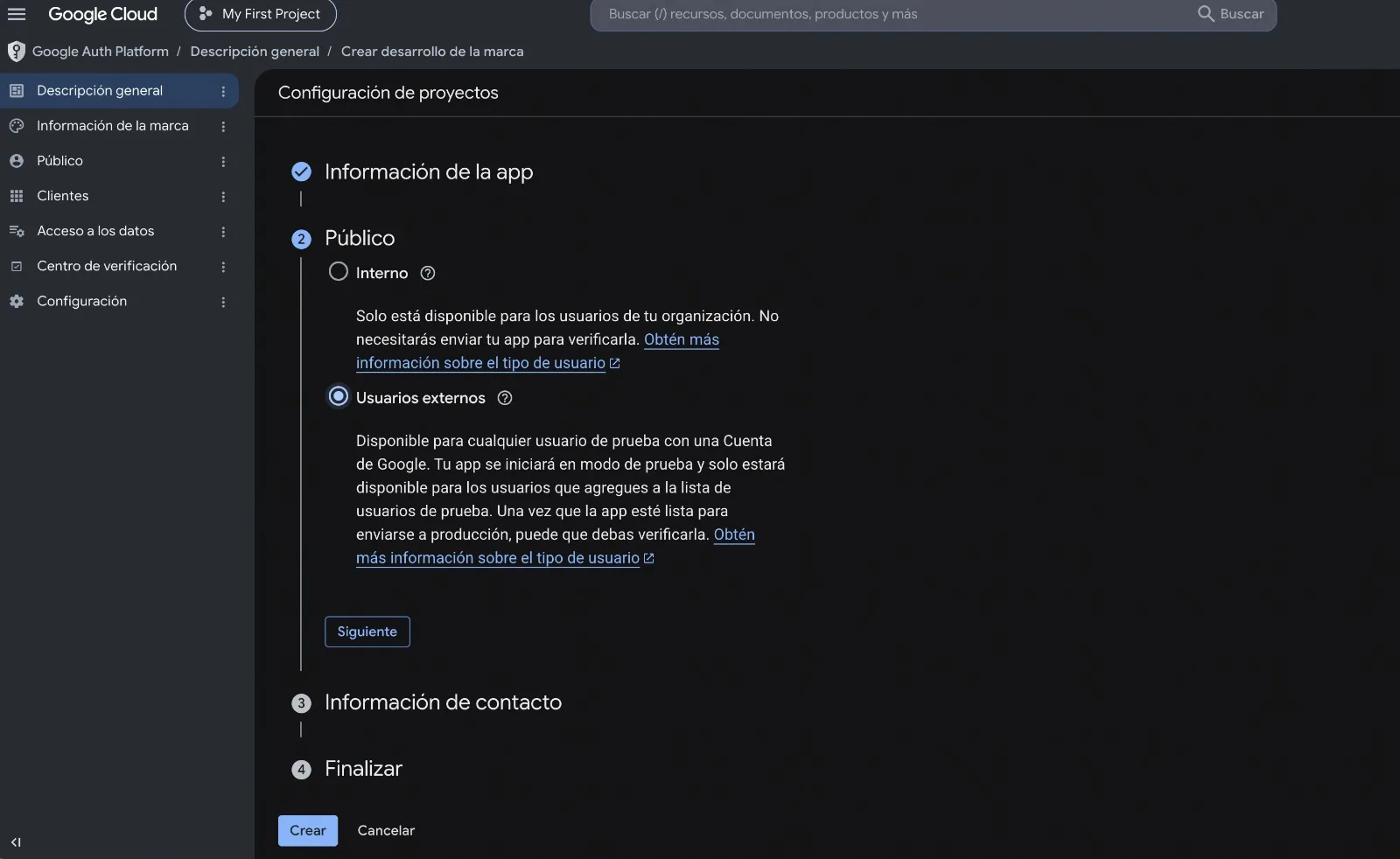 Segundo paso del asistente con las opciones Interno y Usuarios externos, con Usuarios externos elegida
