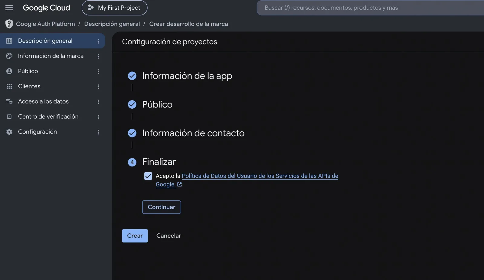 Último paso del asistente, con la casilla de aceptación de la política de Google marcada