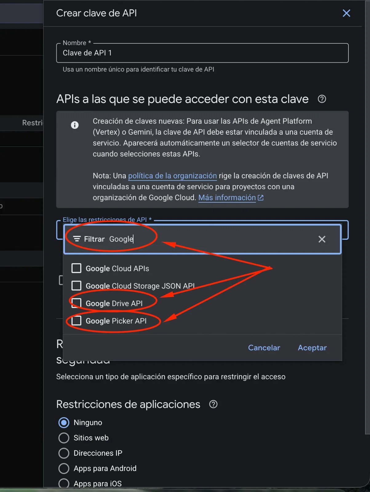 Lista de restricciones de API filtrada por Google, con Google Drive API y Google Picker API marcadas