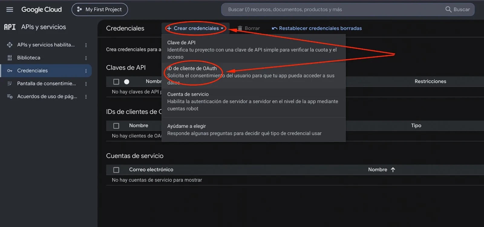 Menú Crear credenciales desplegado, con la opción ID de cliente de OAuth marcada