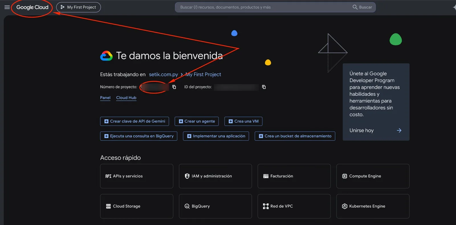 Portada de Google Cloud con el Número de proyecto marcado