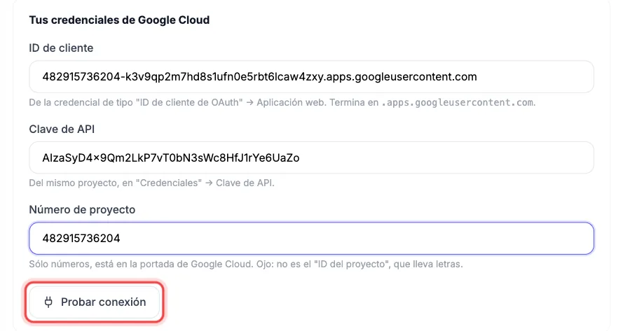 Sección Tus credenciales de Google Cloud con el ID de cliente, la clave de API y el número de proyecto completos, y el botón Probar conexión marcado