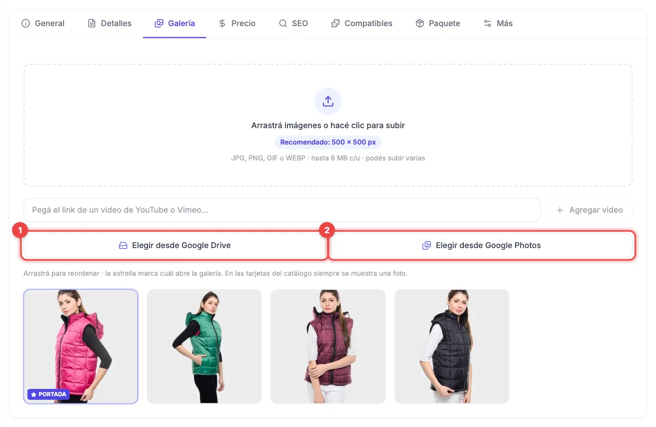 Pestaña Galería de un producto con los botones Elegir desde Google Drive (1) y Elegir desde Google Photos (2) marcados
