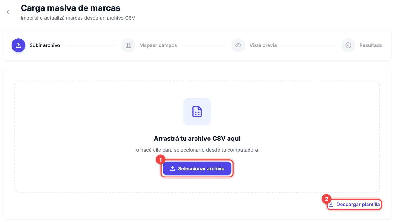Pantalla Carga masiva de marcas en el paso Subir archivo, con Seleccionar archivo y Descargar plantilla marcados