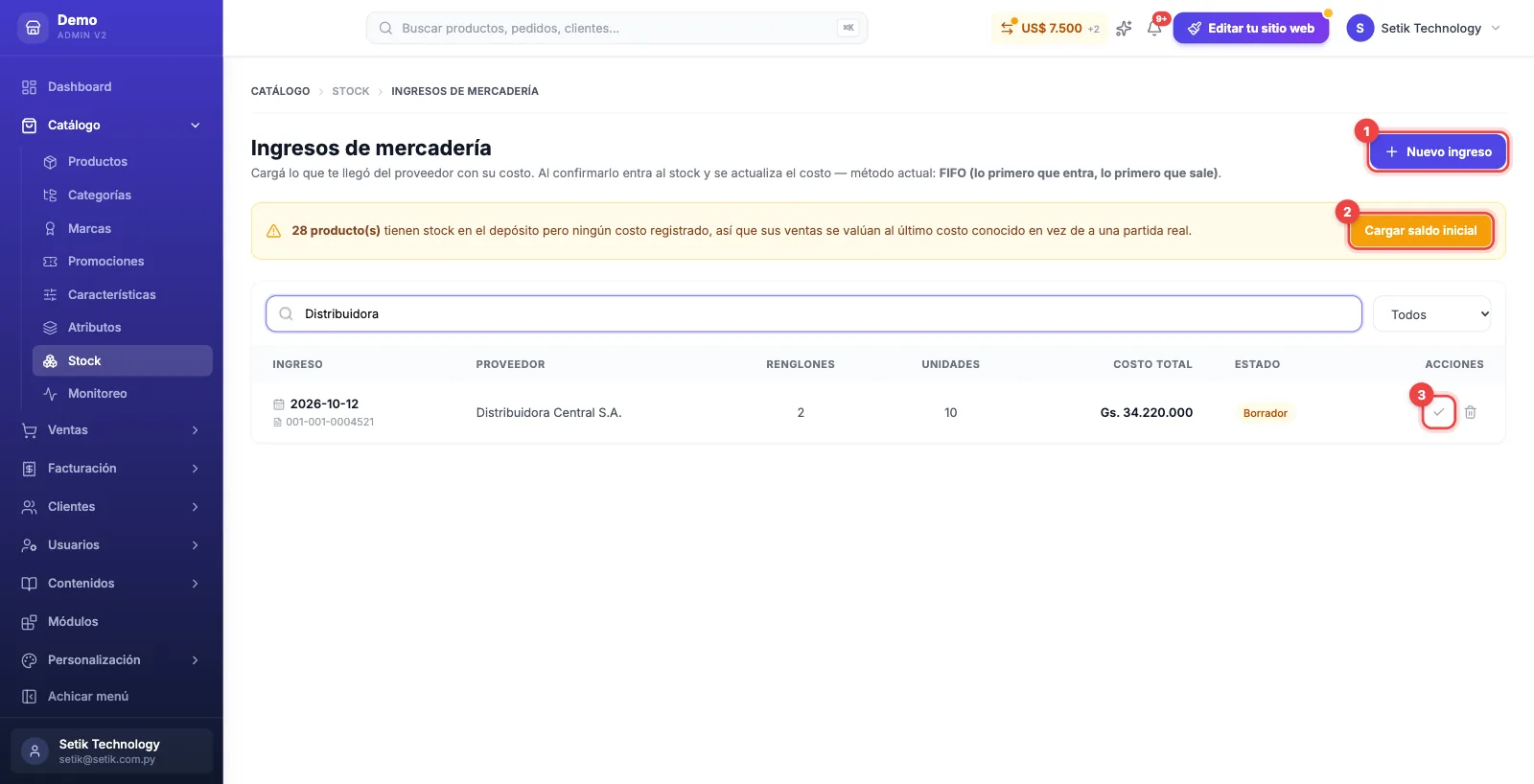 Listado de Ingresos de mercadería con el botón Nuevo ingreso, el aviso de saldo inicial y un ingreso en borrador