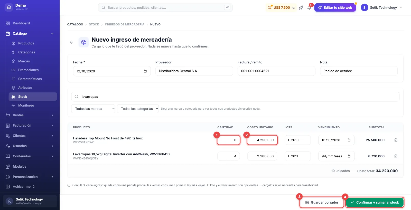 Formulario Nuevo ingreso de mercadería con proveedor, factura, dos productos con cantidad, costo, lote y vencimiento