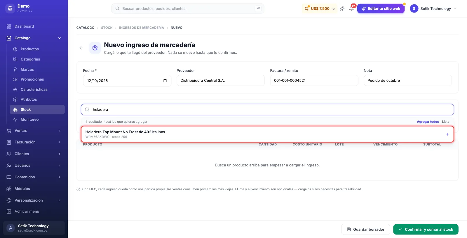 Buscador del ingreso de mercadería con un producto encontrado listo para agregar
