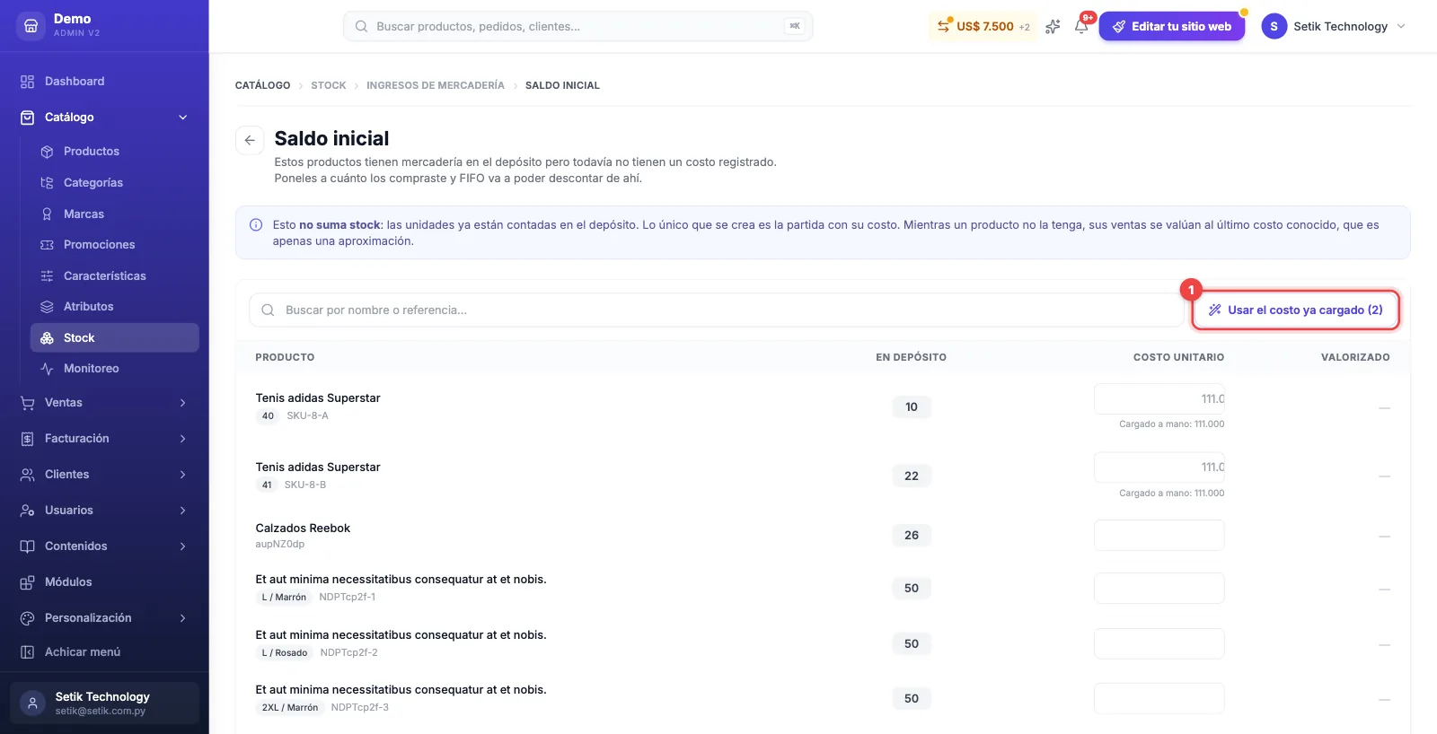 Pantalla Saldo inicial con la lista de productos sin costo y el botón Usar el costo ya cargado marcado