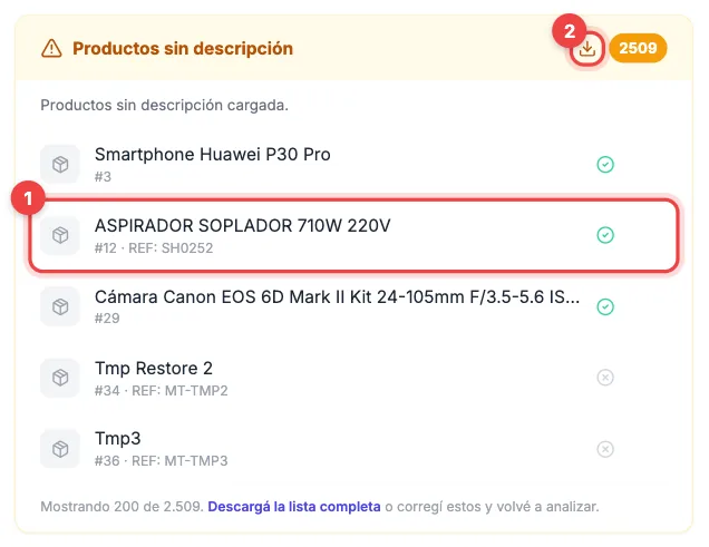 Tarjeta Productos sin descripción con una fila de producto marcada y el botón de descarga de la tarjeta marcado