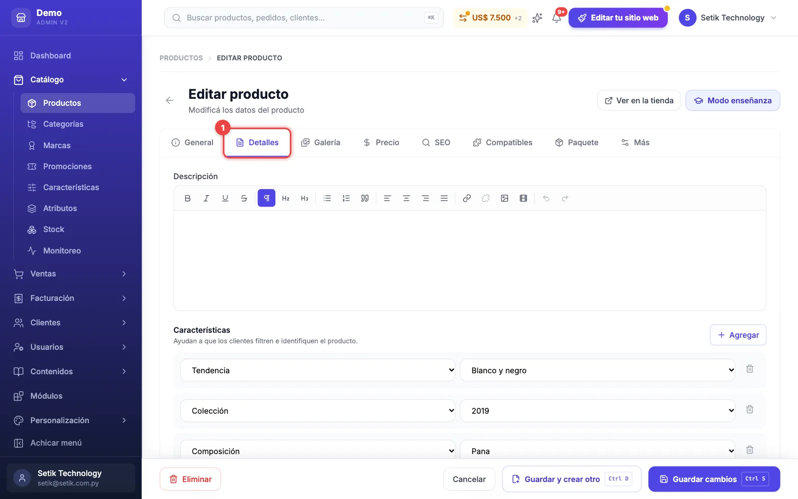Producto abierto en la pestaña Detalles, con el editor de descripción vacío