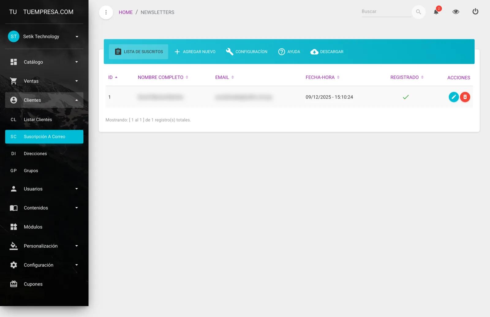 Lista de suscriptores al newsletter en el panel de MaxTiendas
