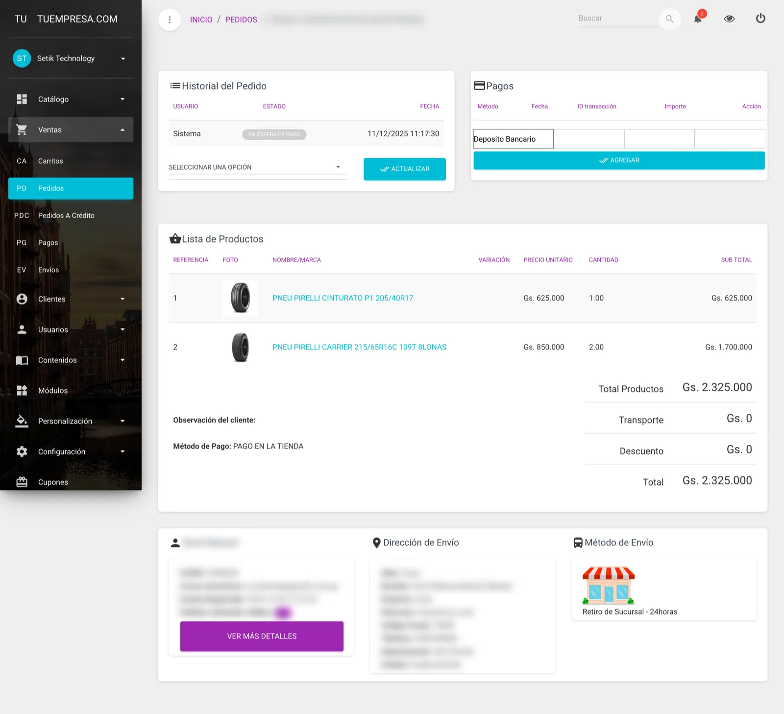 Detalle de un pedido: historial, pagos, productos y datos del cliente