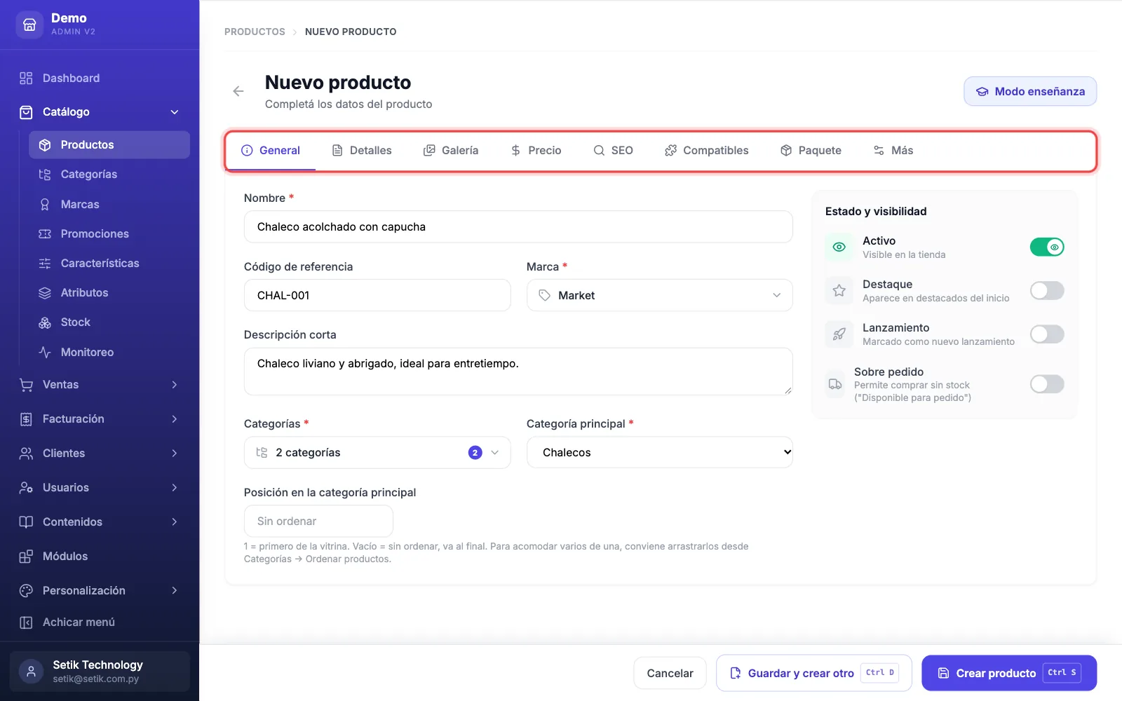 Pestaña General del formulario Nuevo producto con nombre, código, marca, descripción corta, categorías y categoría principal completos