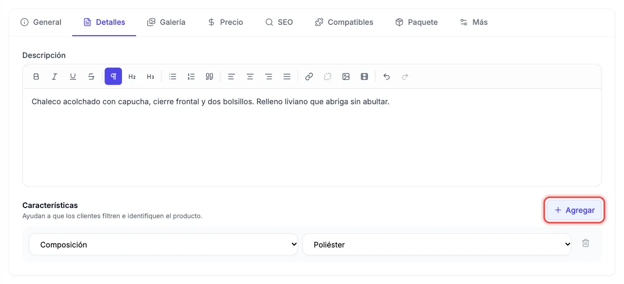Pestaña Detalles con la descripción escrita en el editor y una característica Composición: Poliéster agregada