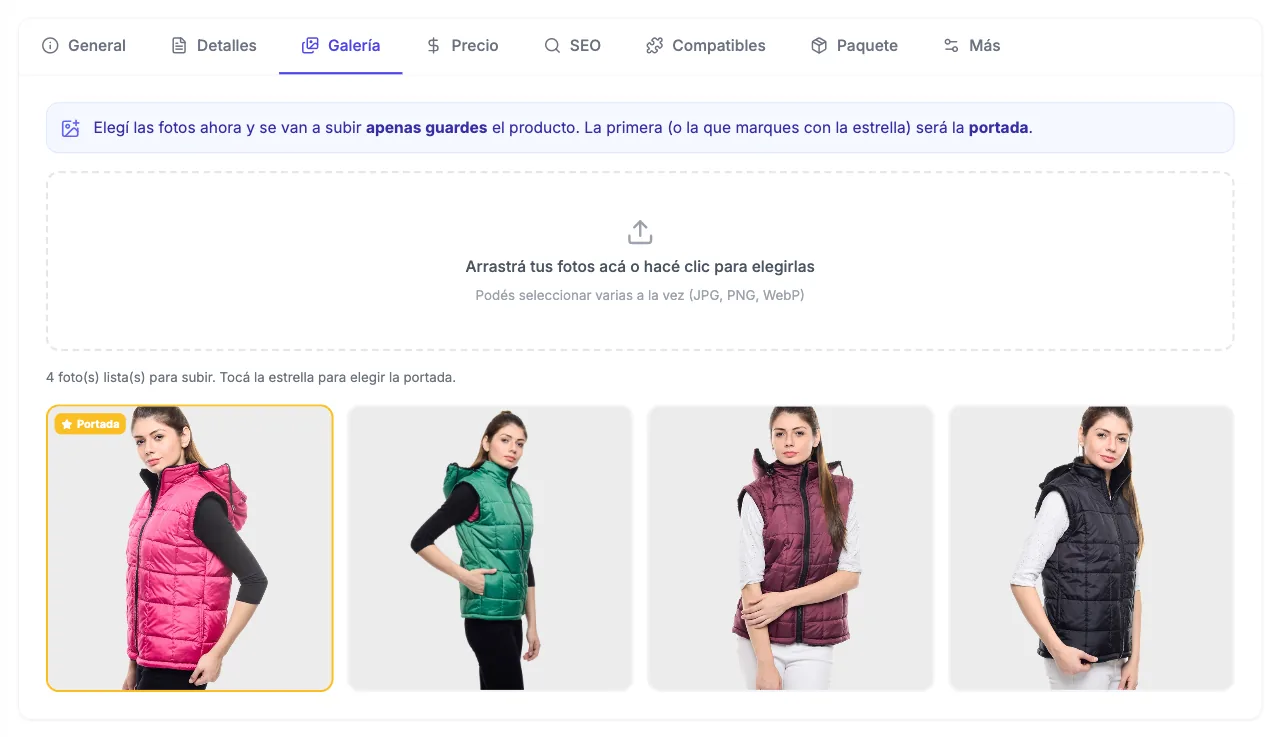 Pestaña Galería con cuatro fotos de un chaleco listas para subir y la primera marcada como Portada