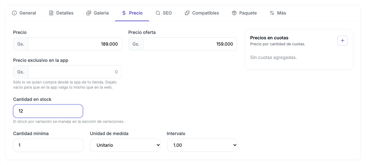 Pestaña Precio con precio 189.000, precio oferta 159.000 y 12 unidades en stock